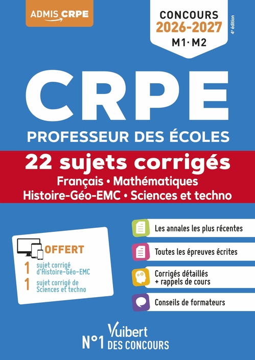 Couverture ebook de CRPE 2026-2027 (M1. M2) - Français, Mathématiques, Histoire-Géo-EMC, Sciences et techno - 22 sujets corrigés, de Catherine Dolignier, Eric Greff, André Mul, Matthieu Verrier