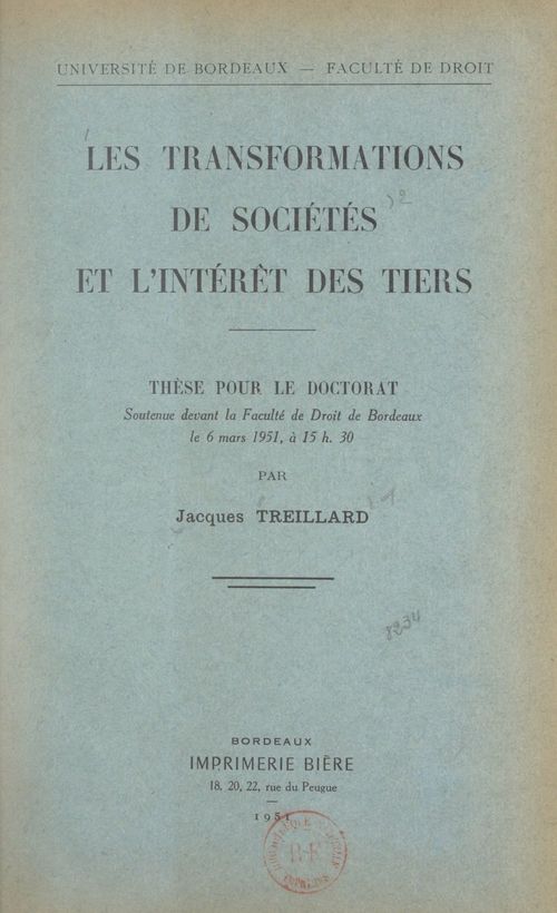 Couverture ebook de Les transformations de sociétés et l'intérêt des tiers, de Jacques Treillard