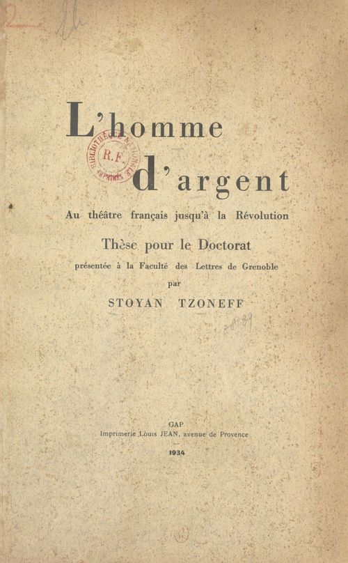 Couverture ebook de L'homme d'argent au théâtre français jusqu'à la Révolution, de Stoyan Tzoneff