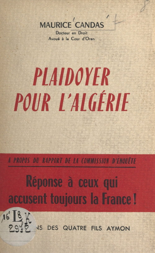 Couverture ebook de Plaidoyer pour l'Algérie, de Maurice Candas
