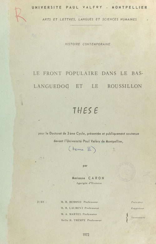 Couverture ebook de Le Front Populaire dans le Bas-Languedoc et le Roussillon, de Marianne Caron