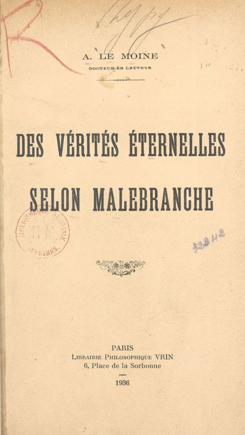 Couverture ebook de Des vérités éternelles selon Malebranche, de A. Le Moine