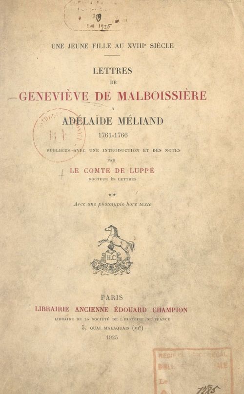 Couverture ebook de Une jeune fille au XVIIIe siècle : lettres de Geneviève de Malboissière à Adélaïde Méliand, 1761-1766, de Genevieve De Malboissiere