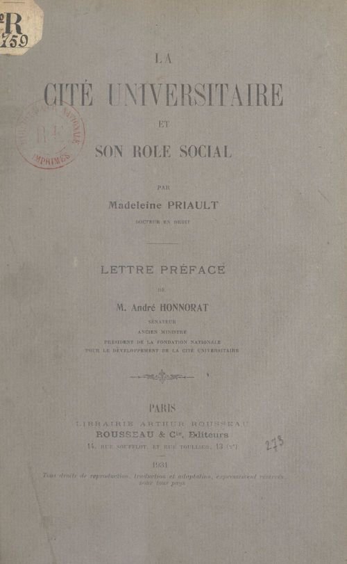 Couverture ebook de La cité universitaire et son rôle social, de Madeleine Priault