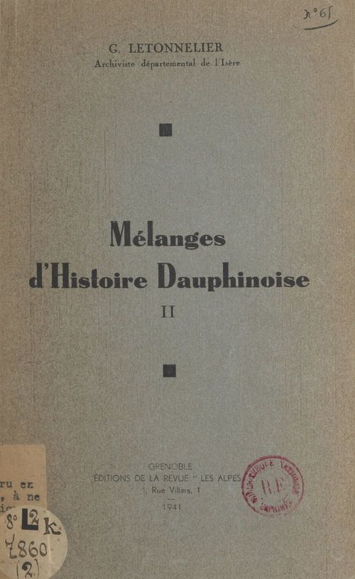Couverture ebook de Mélanges d'histoire dauphinoise (2), de Gaston Letonnelier