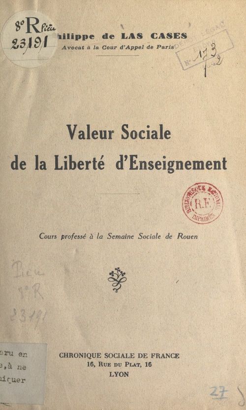 ebook cover of Valeur sociale de la liberté d'enseignement, by Philippe De Las Cases