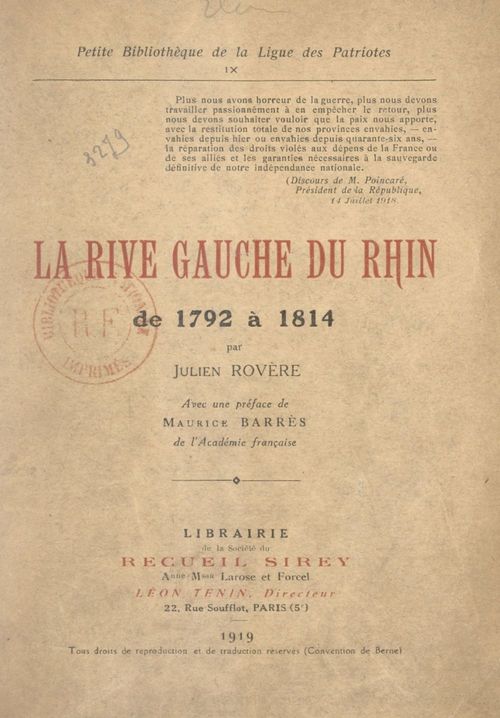 Couverture ebook de La rive gauche du Rhin de 1792 à 1814, de Julien Rovere