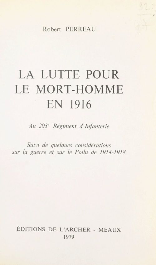Couverture ebook de La lutte pour le Mort-Homme en 1916 au 203e Régiment d'infanterie, de Robert Perreau