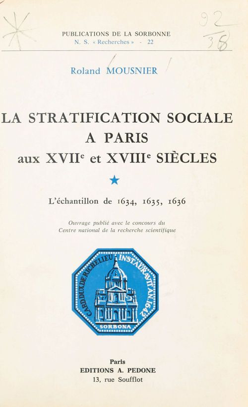 Couverture ebook de La Stratification sociale à Paris aux XVIIe et XVIIIe siècles, de Roland Mousnier