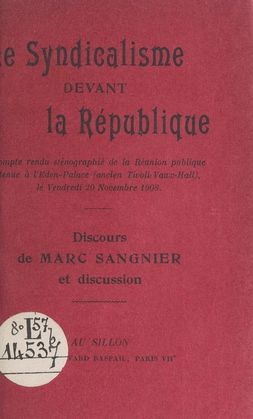 ebook cover of Le syndicalisme devant la République, by Marc Sangnier