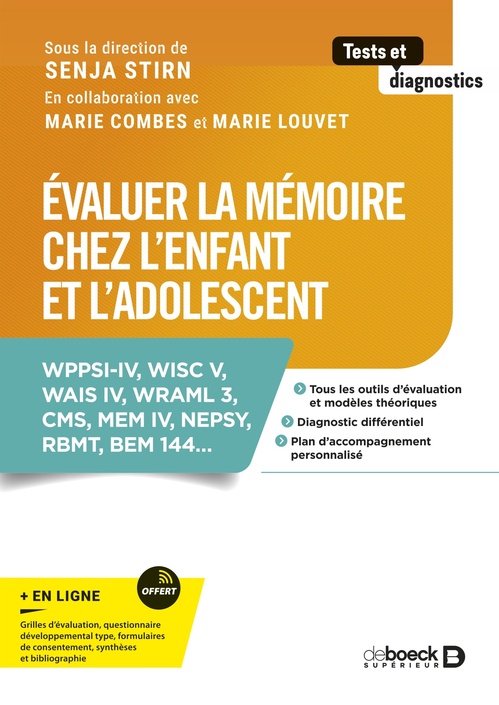 Couverture ebook de Évaluer la mémoire chez l´enfant et l´adolescent, de Senja Stirn, Marie Combes, Marie Louvet