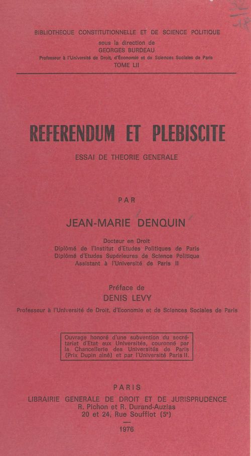 ebook cover of Référendum et Plébiscite : essai de théorie générale, by Jean-Marie Denquin