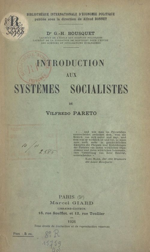 ebook cover of Introduction aux systèmes socialistes de Vilfredo Pareto, by Georges-Henri Bousquet