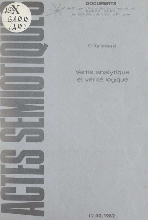 Couverture ebook de Vérité analytique et vérité logique, de Georges Kalinowski