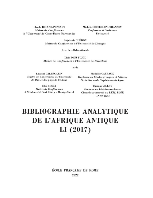 ebook cover of Bibliographie analytique de l´Afrique antique LI (2017), by Claude Briand-Ponsart, Michèle Coltelloni-Trannoy, Stéphanie Guédon, Lluís Pons Pujol, Laurent Callegarin, Elsa Rocca, T