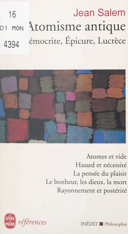 Couverture ebook de L'atomisme antique : Démocrite, Épicure, Lucrèce, de Jean Salem
